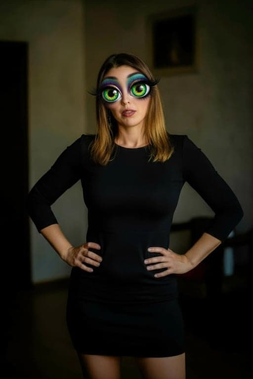 AI big eyes filter after photo - women wearing black short dress after big eyes filter