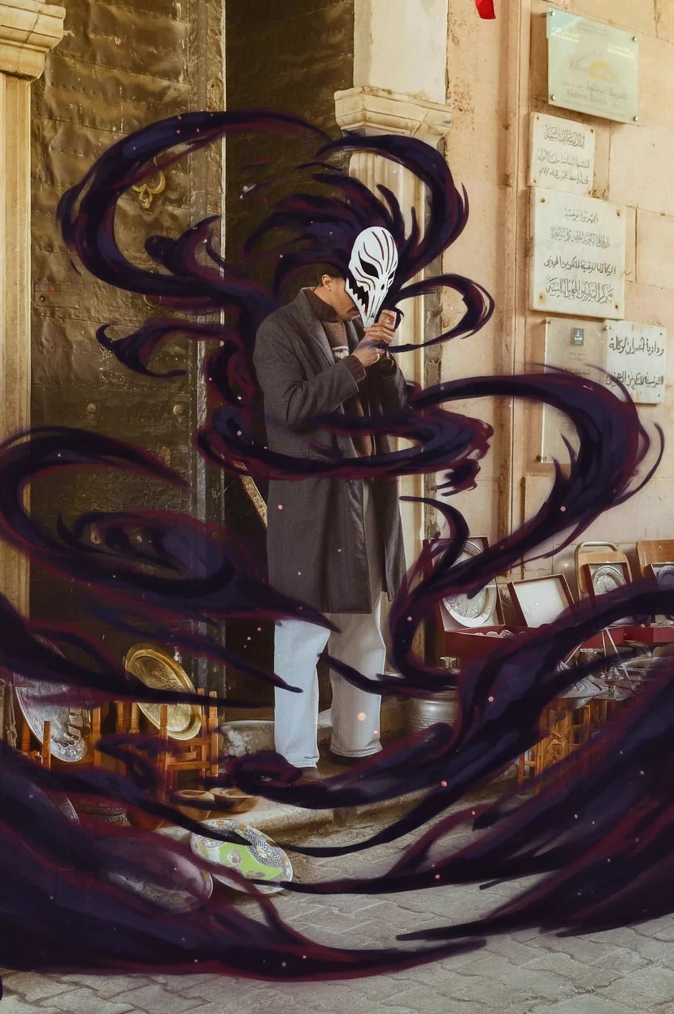 a portrait of a person edited with a white Hollow mask forming over one side of the face, with dark energy swirling around