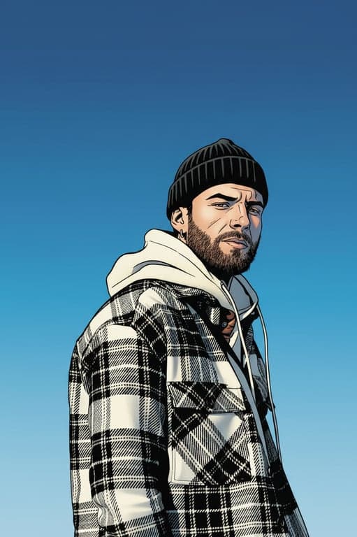 a portrait of a person transformed into a DC Comics–style comic illustration with sharp ink outlines, angular facial features, dramatic shadow blocks, saturated colors, and a serious superhero tone