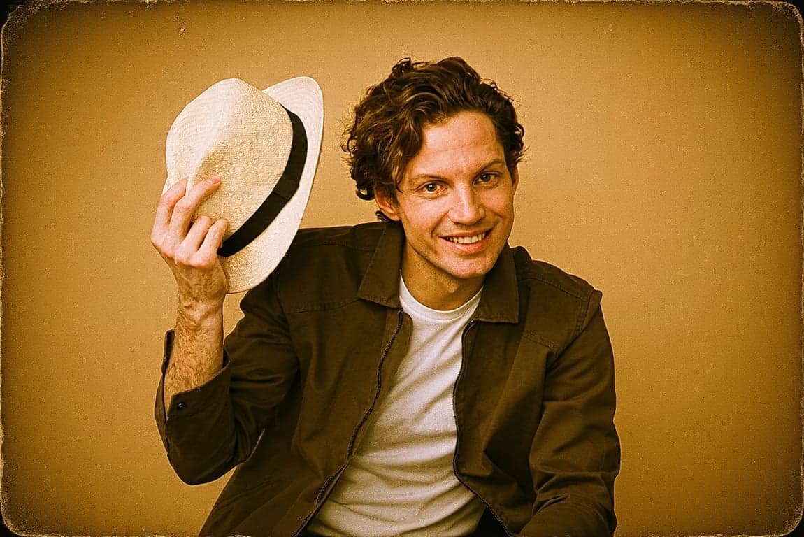 a portrait of a man, warm vintage film filter, faded blacks, creamy highlights, slight grain, nostalgic mood.