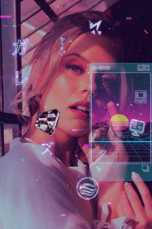 a portrait of a person with a Vaporwave filter overlay, featuring floating Japanese text, reflective chrome logos, and a translucent retro computer window