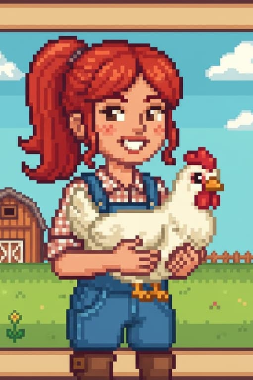A pixel art portrait of a female farmer with a red ponytail and overalls, smiling, holding a chicken, in the classic Stardew Valley dialogue box style.
