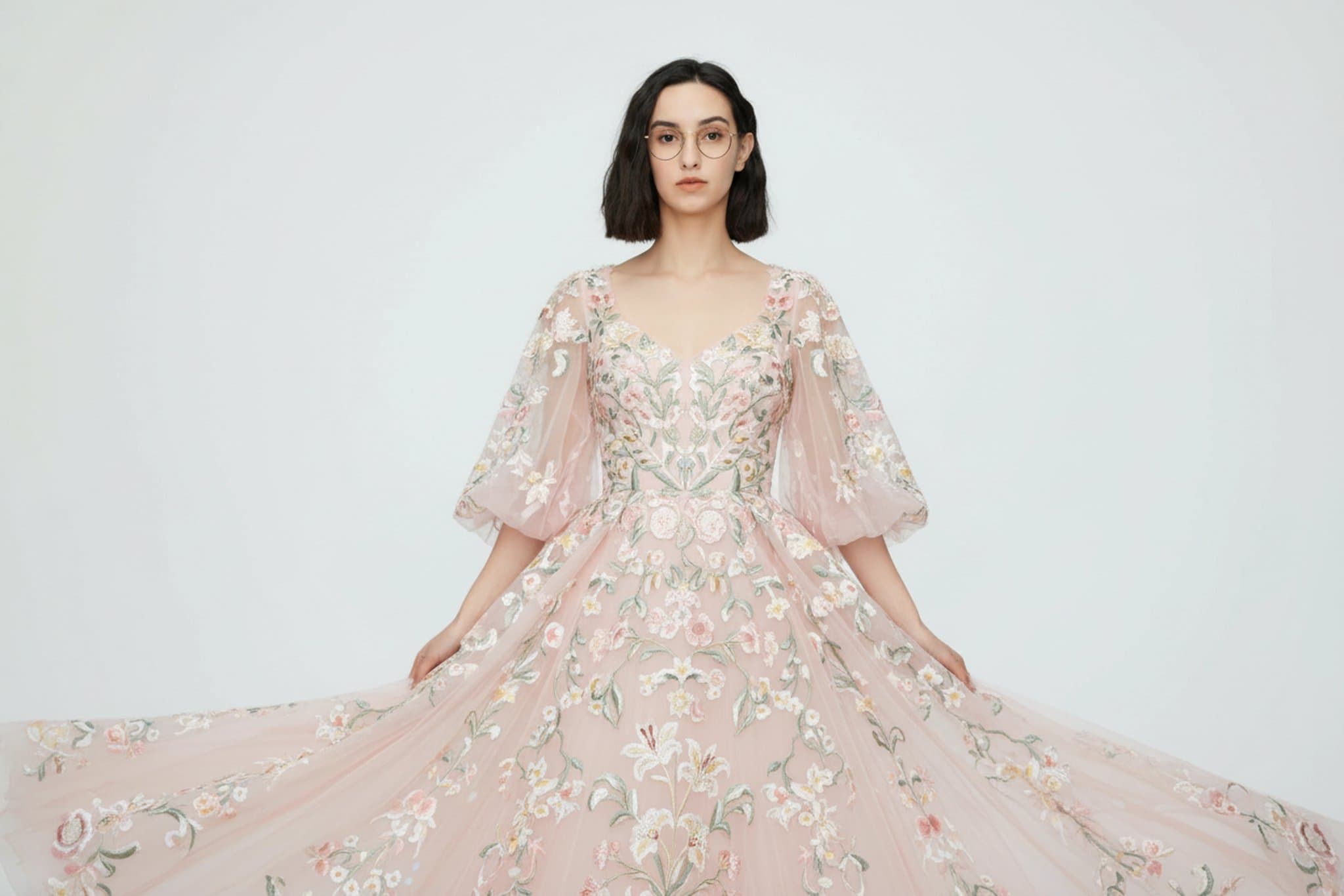 Image transformed into a pastel pink fairy prom dress featuring delicate floral embroidery and cottagecore vibes.