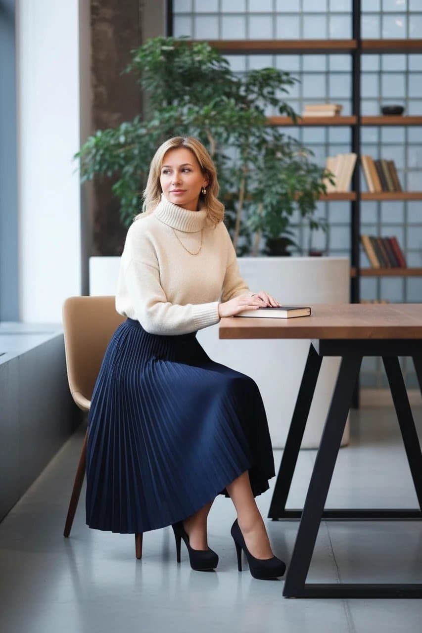 business casual outfits filter after transformation - portrait with refined business casual knit and skirt at work desk