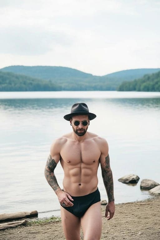 a portrait of a man edited into a classic solid-color one-piece swimsuit, walking along a serene lakeshore