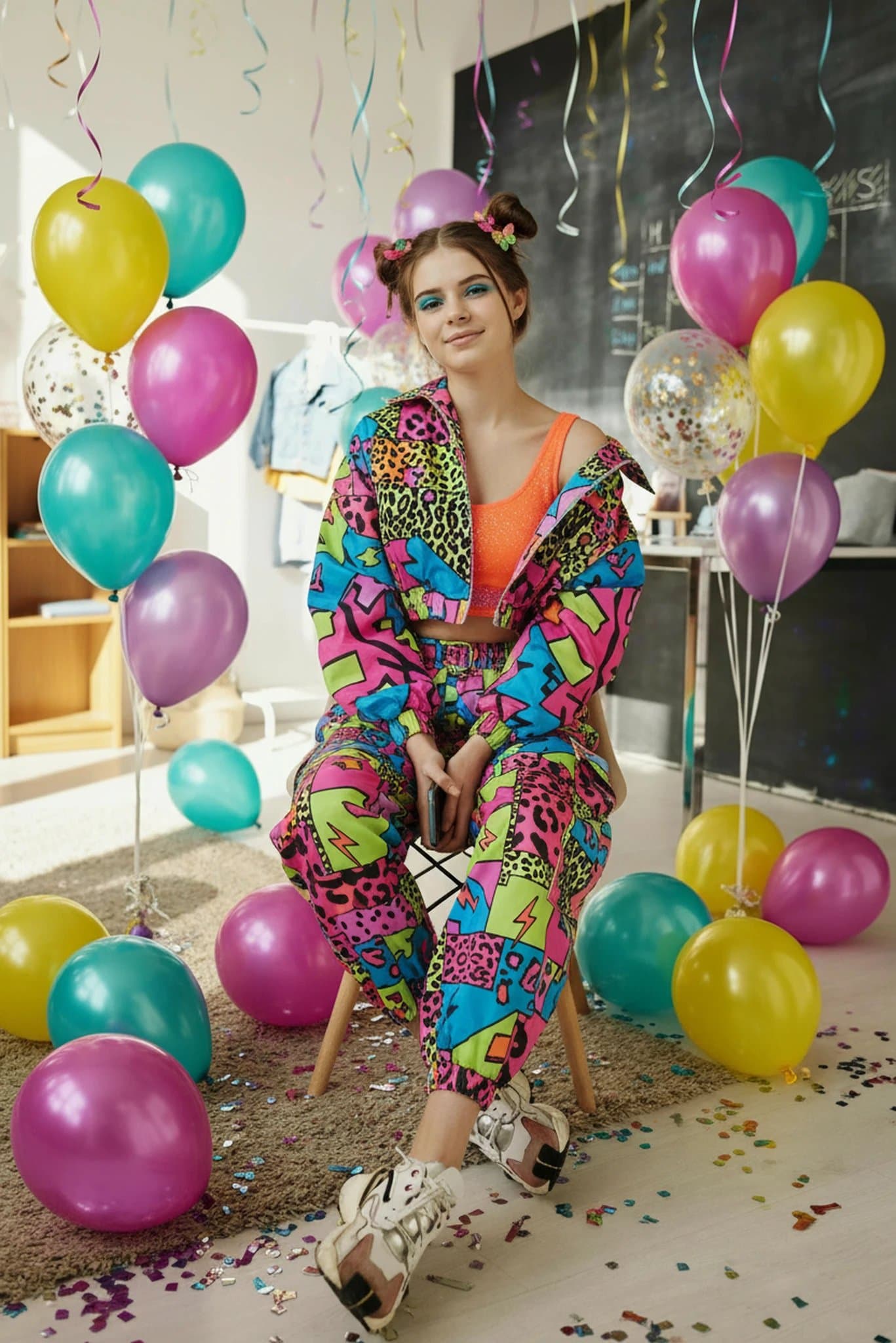 90s theme party clothes filter after transformation - portrait in bright 90s pop party clothes with playful decorations