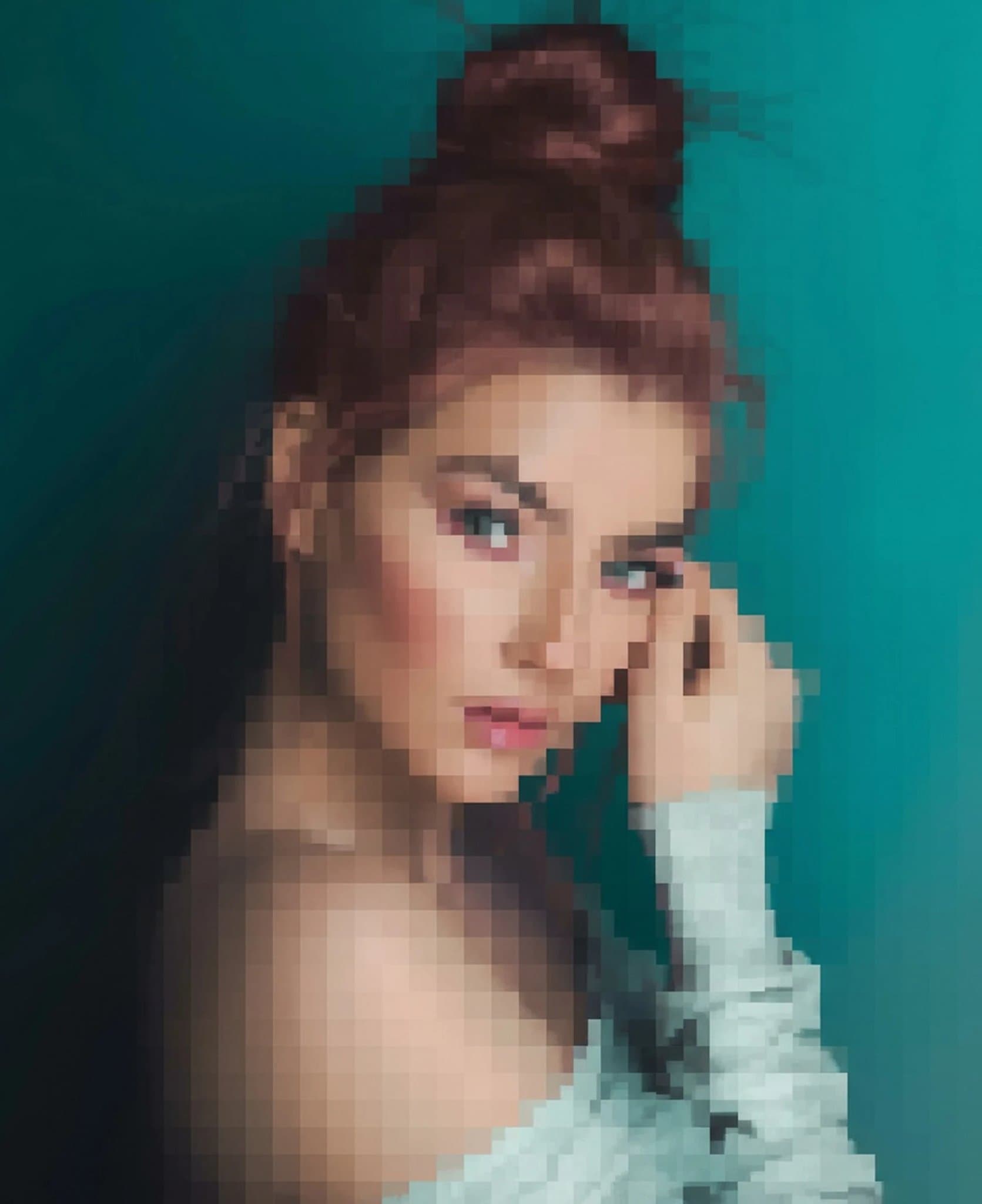 AI unpixelate image filter before photo - portrait with low resolution and pixelation