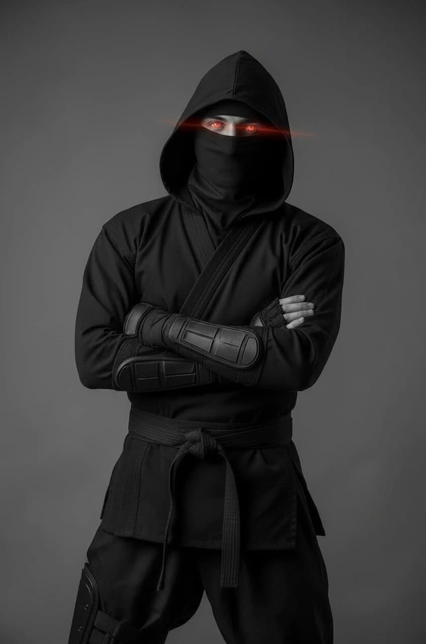 AI ninja outfit filter after transformation - studio photo enhanced with ninja-style costume design