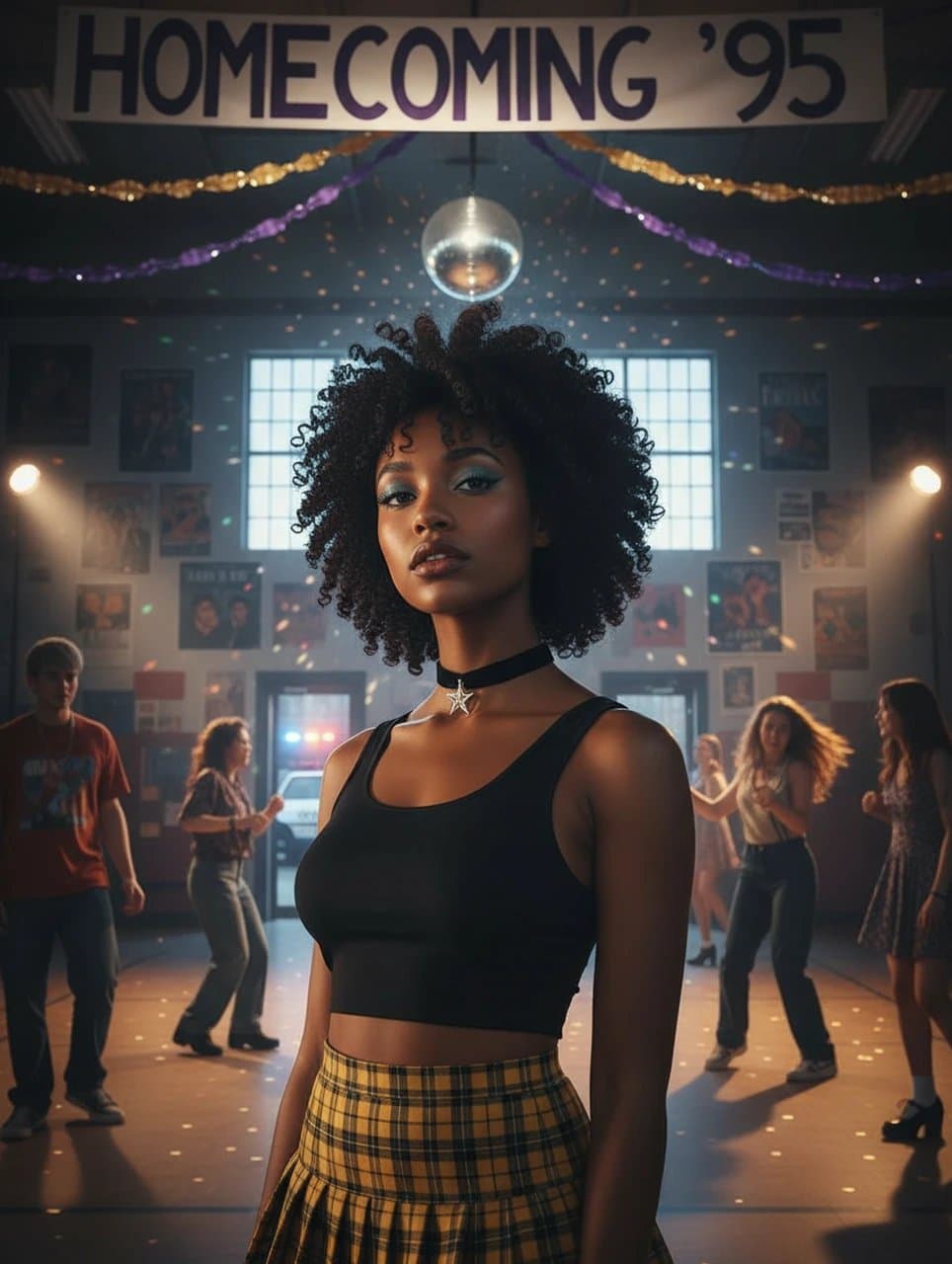 90s theme party clothes filter after transformation - portrait in metallic 90s party outfit with soft disco reflections