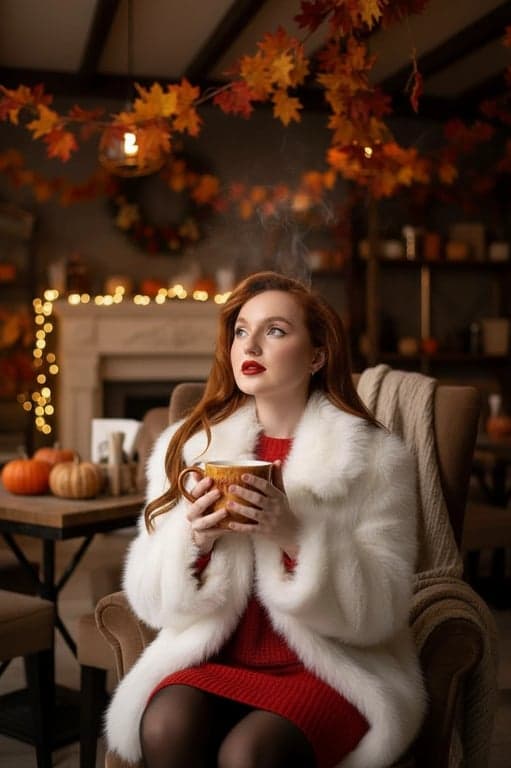 a portrait of a woman transformed into a sweater dress and tights outfit, holding a mug at a cozy indoor cafe with fall decor