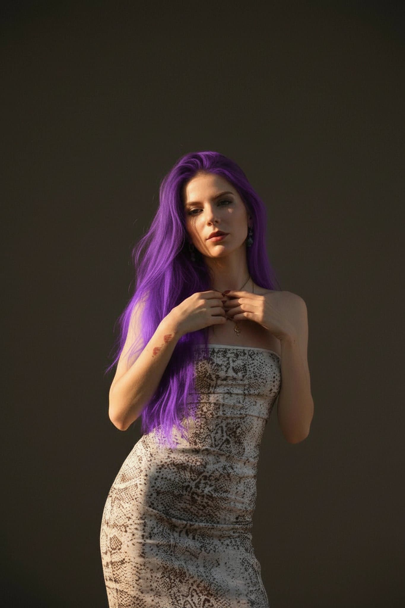 hair color filter after transformation - portrait with purple ombre hair and dramatic studio mood