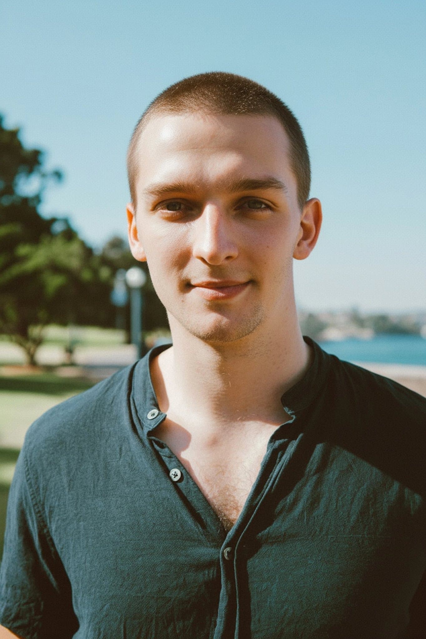 AI buzz cut filter after transformation - woman portrait with AI buzz cut hairstyle