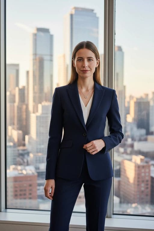 Office Siren Outfits filter after transformation - portrait in navy power suit with modern corporate city ambiance