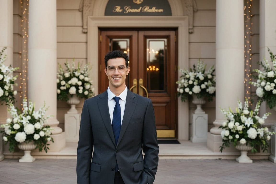 For Wedding Guests Outfits filter after transformation - portrait wearing classic wedding guest suit with refined venue background