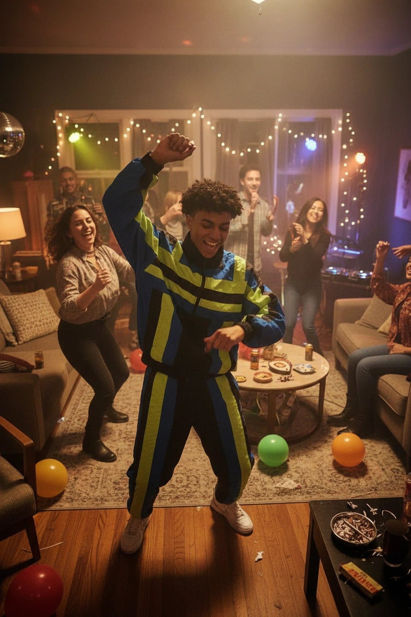 90s theme party clothes filter after transformation - portrait in layered 90s denim with casual street party feel