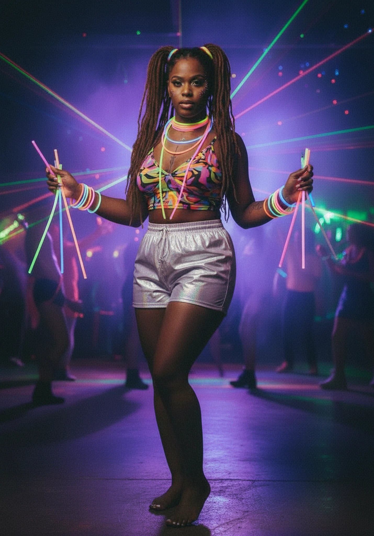 90s theme party clothes filter after transformation - portrait in bright 90s rave party clothes with glowing accents