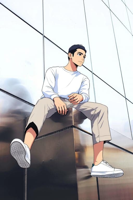 a portrait of a person enhanced with shonen anime visuals, including motion emphasis, strong outline contrast, stylized hair volume, intense gaze, and bright directional anime lighting