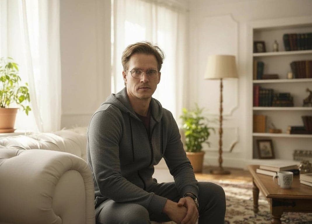 Cozy Outfits filter after transformation - portrait in a relaxed cardigan cozy look with home-office mood