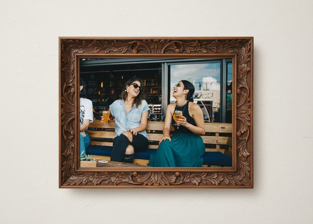 an image transformed with a traditional antique frame, aligning frame thickness to image size, maintaining straight edges, and adding subtle depth through shadow and highlight