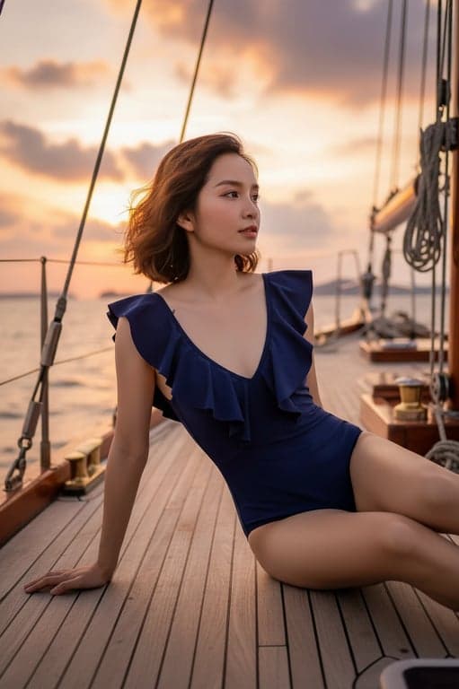 a portrait of a woman in a ruffled one-piece swimsuit, sitting on a boat deck with sunset glow