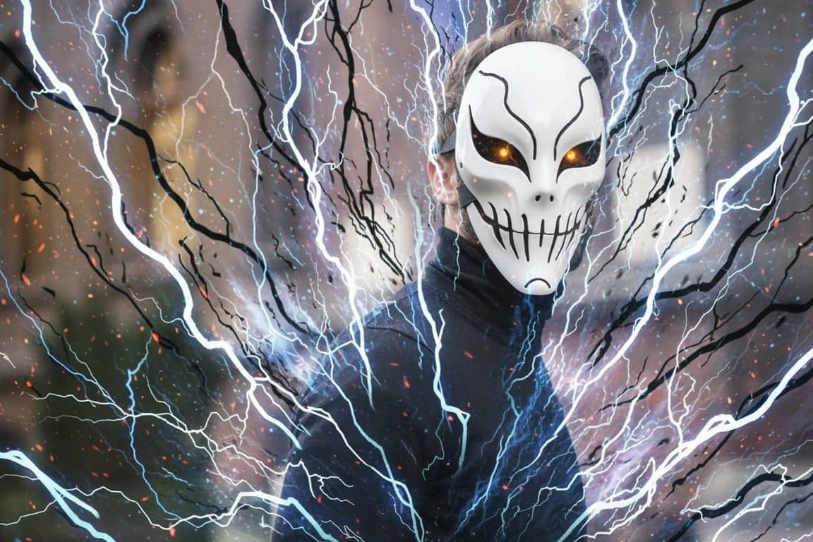 a portrait of a person as a Visored, with full Hollow mask on and hybrid spiritual pressure visibly erupting