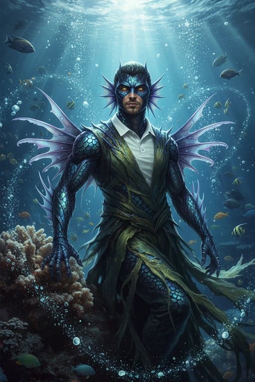 a portrait of a person edited into a fish-man character, with aquatic features and a powerful underwater scene