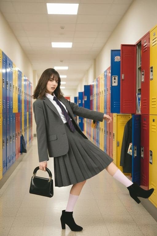 a portrait of a student in a stylish v-neck sweater and oxford shirt, sitting at a wooden desk in a sunlit classroom