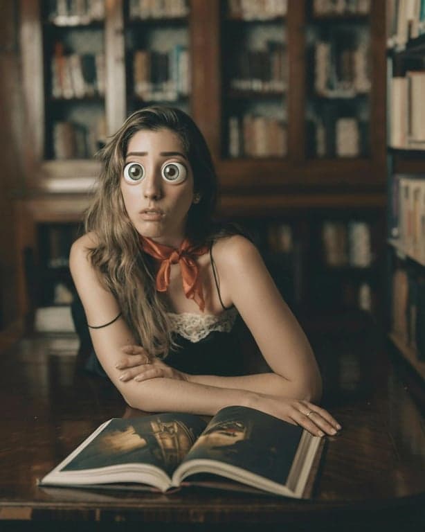 AI big eyes filter after photo - woman sitting at the desk after big eyes filter