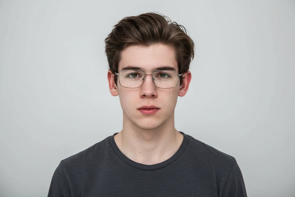 A biometric-optimized AI ID photo of a man, enhancing contrast between facial features and background, consistent color temperature, no reflections on glasses, plain backdrop.