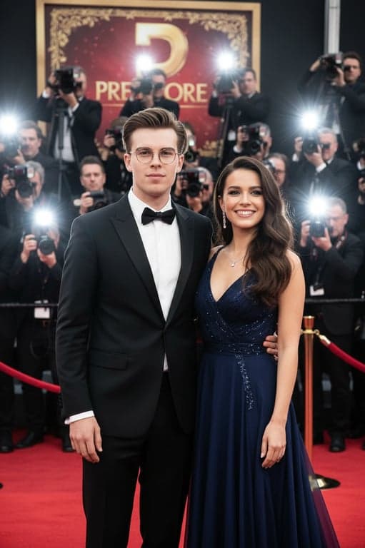 a portrait of a man at a premiere, celebrity beside him, camera flash highlights, elegant attire, paparazzi backdrop, festive atmosphere.