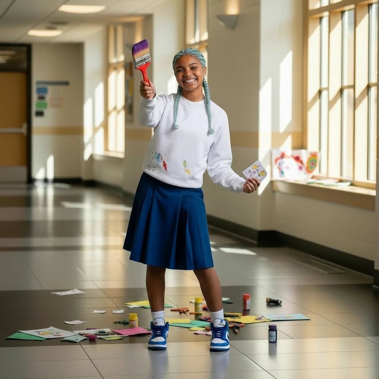 hair color filter after transformation - portrait with soft pastel blue hair highlights and airy feel