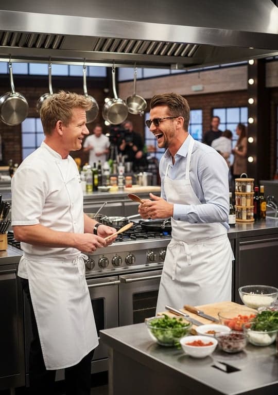 A candid photo of a man with a celebrity chef in a kitchen, aprons on, realistic kitchen lighting and details, friendly interaction, cooking show set.