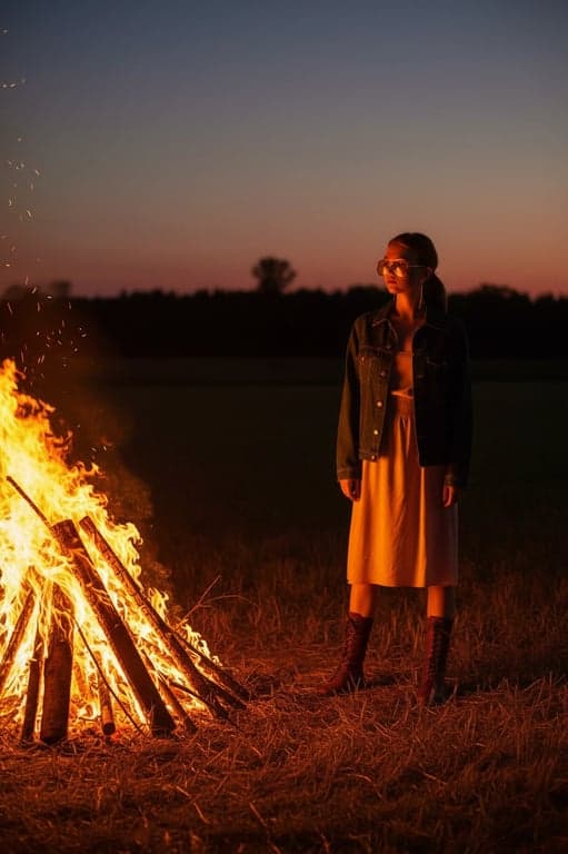 a portrait of a woman transformed into an outfit with brown boots and denim jacket, standing by a bonfire in a field