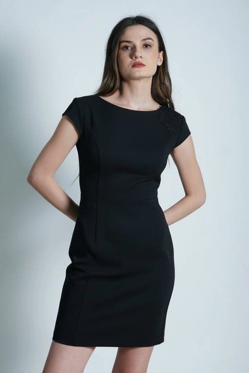 AI dress filter after transformation - woman portrait in elegant virtual dress