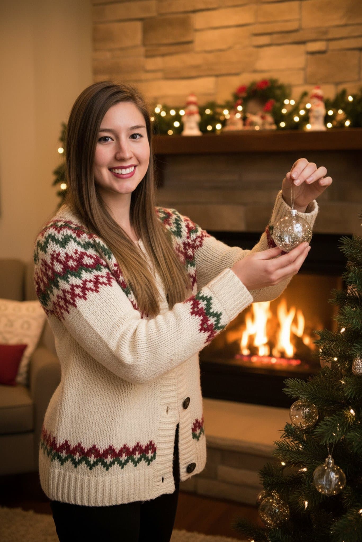 A woman decorating a Christmas tree in a festive knit sweater.