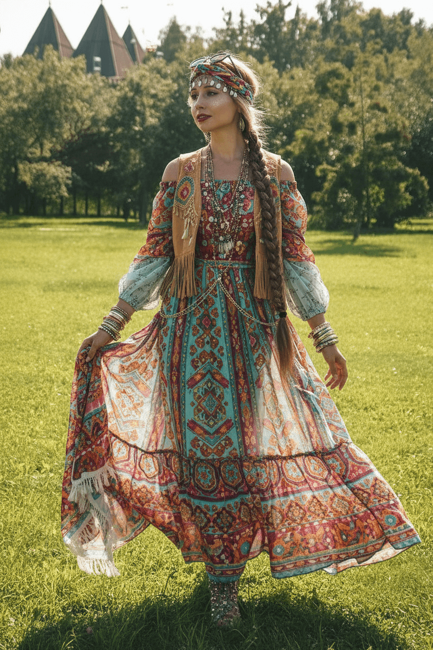 AI music festival outfits filter after transformation - portrait wearing vibrant festival outfit