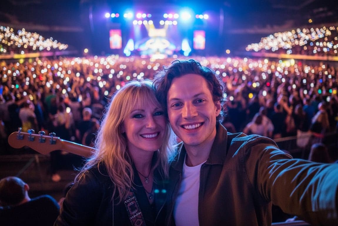 A selfie at a concert with a renowned musician, stage lights illuminating both faces, crowd visible in the blur, energetic and vibrant mood.