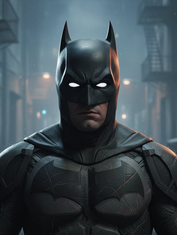 A hyper-realistic portrait of Batman's upper body, focusing on the weathered texture of the kevlar suit, reflective eyes in the cowl, misty alleyway background.