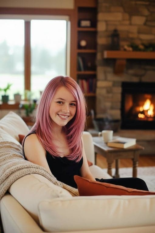 hair color filter after transformation - portrait with pink balayage hair and gentle gradient tones