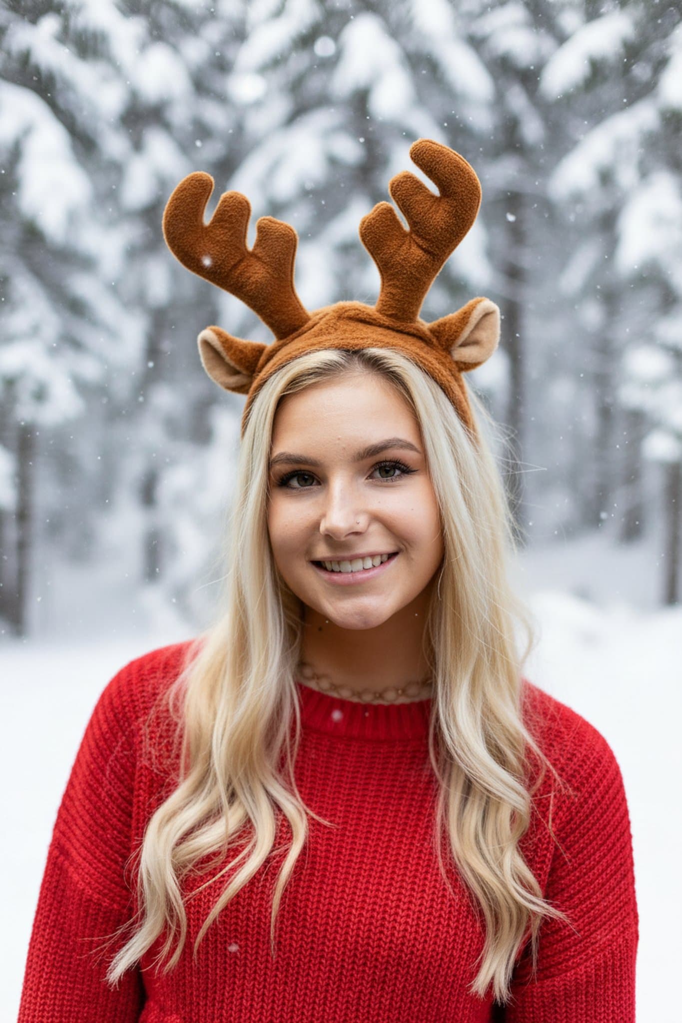 A woman wearing a reindeer headband and red sweater in a snowy forest.