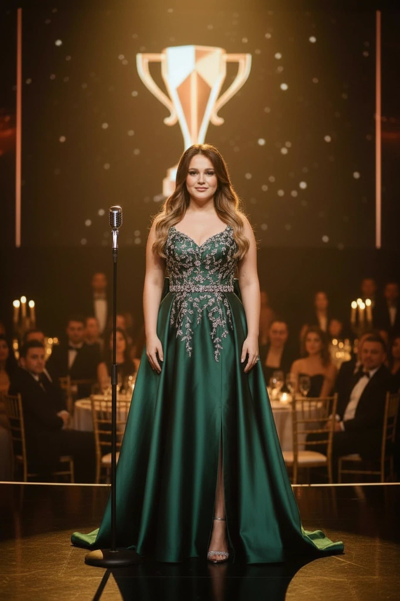 Red Carpet Dresses filter after transformation - portrait styled in luxury award-night red carpet gown