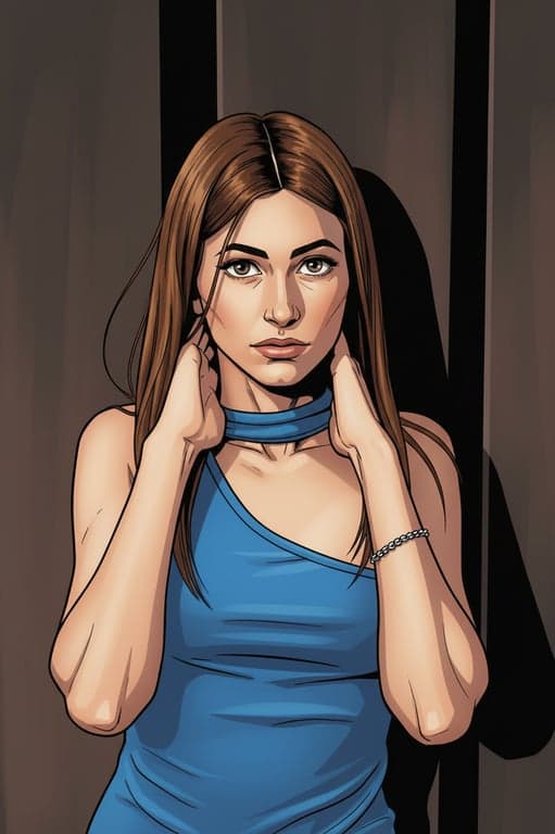 a portrait of a person reimagined as a DC superhero comic character with exaggerated heroic proportions, sharp facial geometry, intense gaze, bold contour lines, deep shadows, controlled highlights, and a dark cinematic comic book mood