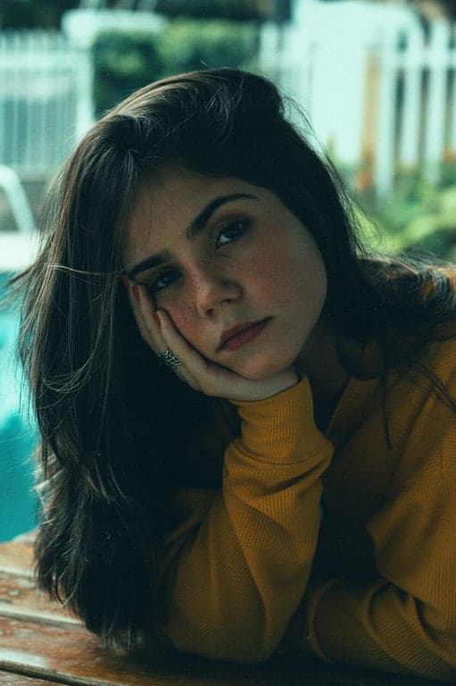 a portrait of a woman, backlit with orange light, filled with teal tones, cinematic composition, film grain texture.