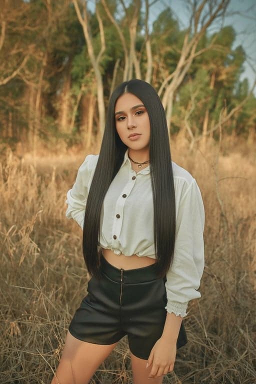 AI long hair filter after transformation - woman portrait with AI generated long hairstyle