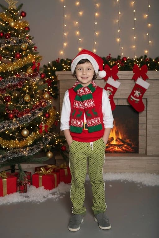 AI baby Christmas photo after photo - kid standing at the gray background with Christmas decoration