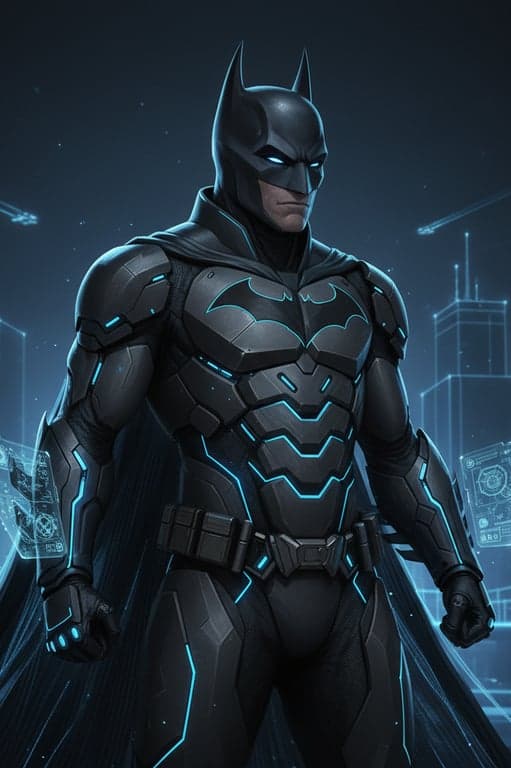 a futuristic batman suit concept art, sleek armor with glowing blue accents, technological details, holographic display, wireframe background.