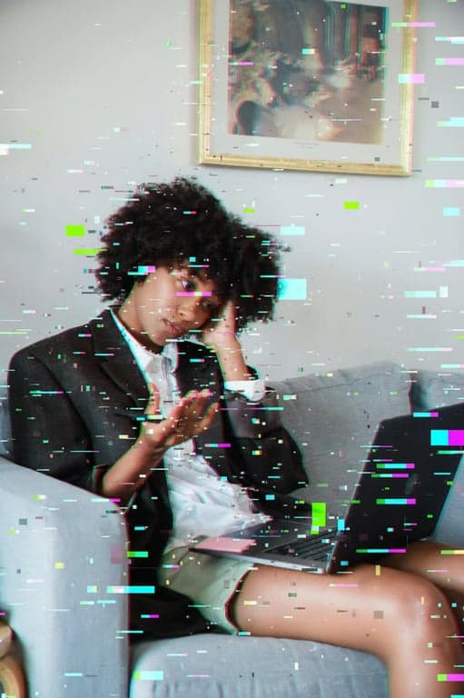 a portrait of a person as a digital entity, pixelated and fragmented with a datamosh effect and RGB color separation