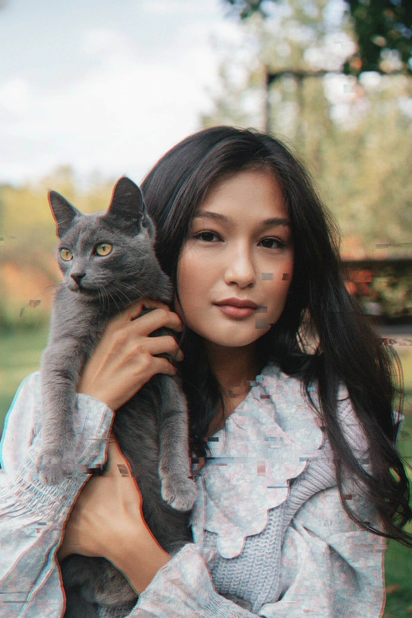 AI glitch effect filter after transformation - image showing distorted chromatic static lines