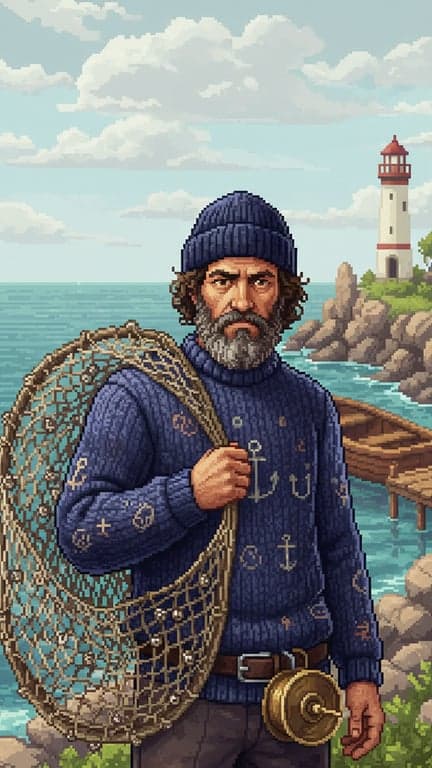 A new male NPC character for the game, looking like a fisherman with a beard and beanie, slightly grumpy but kind eyes, pixel art detail on his sweater.