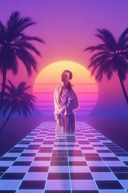 a portrait of a person edited into a Vaporwave aesthetic, standing before a sunset with palm trees, a floating checkerboard grid, and soft neon glow